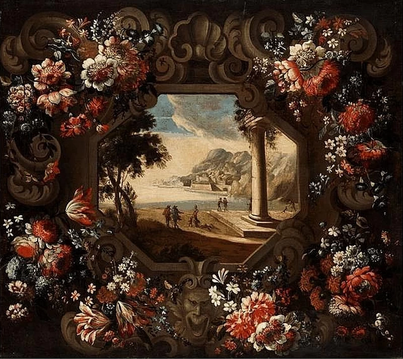 Ghirlanda di fiori con al centro veduta del porto di Gaeta